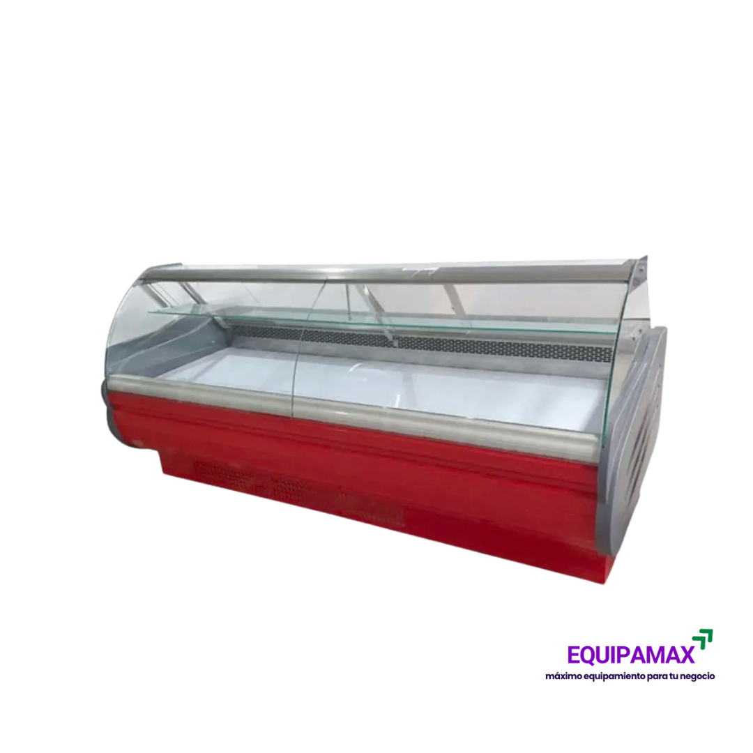 VITRINA REFRIGERADA VIDRIO CURVO 2.5 MTS CON CÚPULA ALZABLE Y BODEGA POSTERIOR
